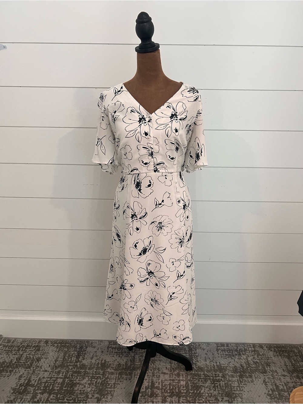 Ann Taylor White Midi Dress with Black Floral Print